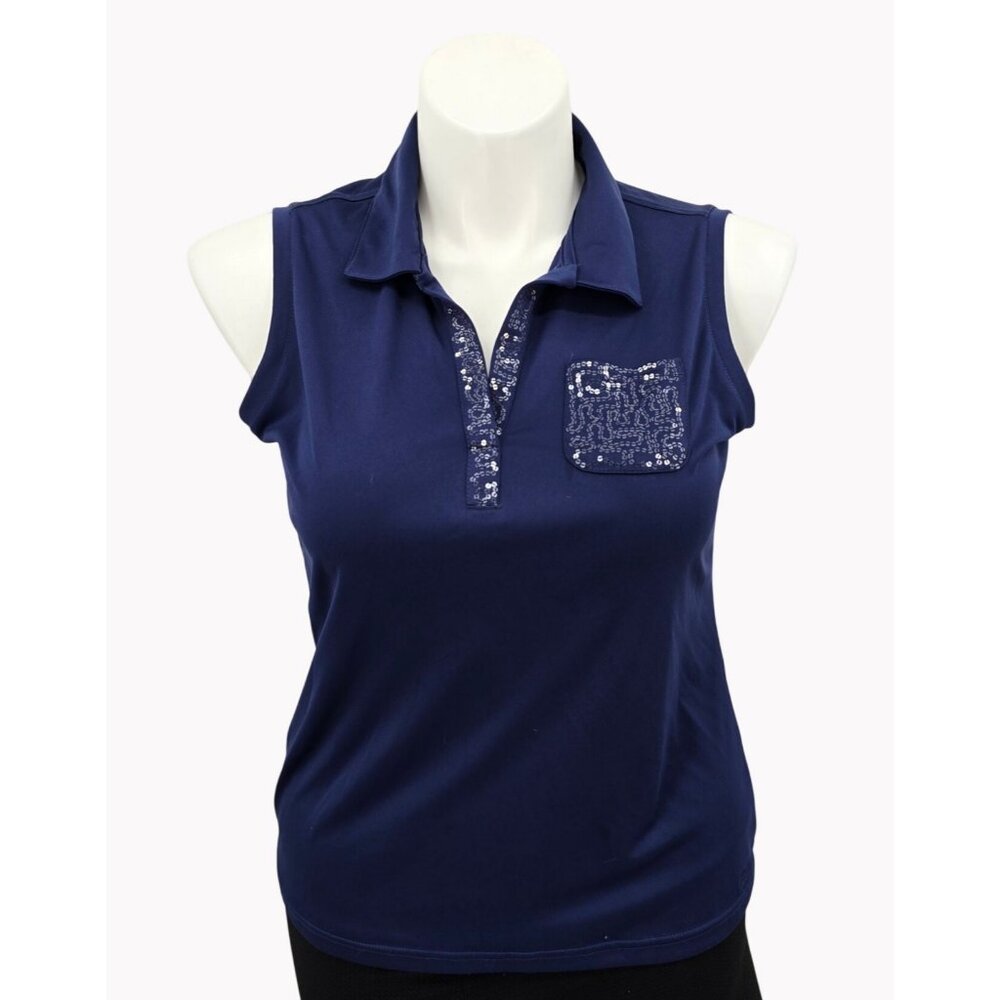 IZOD Womens L Sleeveless Navy Cool FX Polo Shirt Sequin Pocket Golf
